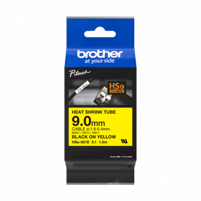 Brother HSe-621E Pro Tape, 9 mm x 1.5. m, black text / yellow tape , original tape