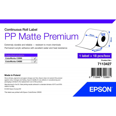 Epson 7113427 PP Matte, for ColorWorks, 76mm x 29m, polypropylene, white self-adhesive labels