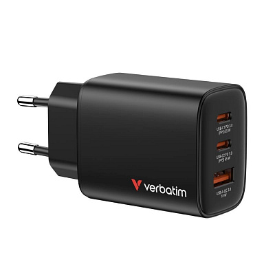 VERBATIM GaN Charger Essentials 65W, 2xUSB-C, 1xUSB-A, black