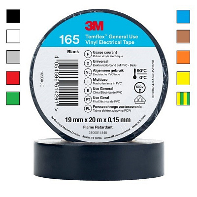 3M Temflex 165 Electrical Insulation Tape, 19 mm x 20 m 19 mm x 20 m black/black