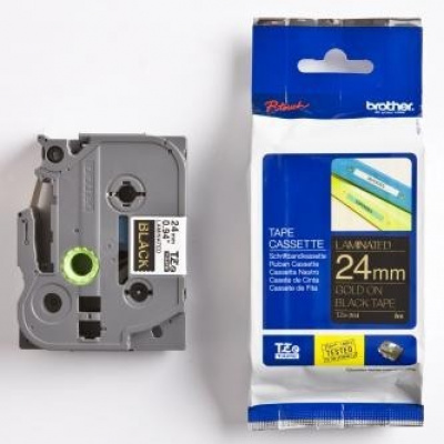 Brother TZ-354 / TZe-354, 24mm x 8m, gold text / black tape, original tape