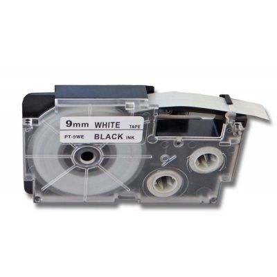 Casio R5WE (XR-9HSWE), 9mm x 2m, black text / white tape, shrinkable, compatible tape
