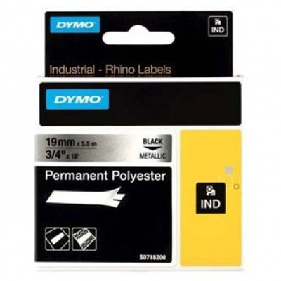 Dymo Rhino 18487, 19mm x 5.5m, black text/metallic tape, original tape