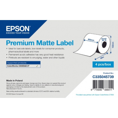 Epson C33S045739 Premium Matte, for ColorWorks, 203mmx60m, white self-adhesive labels