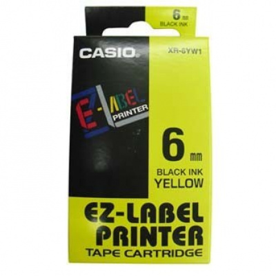Casio XR-6YW1, 6mm x 8m, black text/yellow tape, original tape