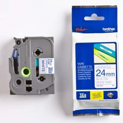 Brother TZ-253 / TZe -253, 24mm x 8m, blue text/white tape, original tape