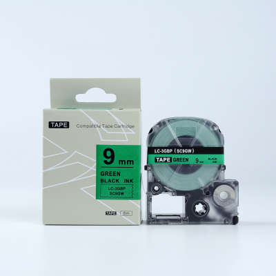 Epson HTC9GW, 9mm x 8m, black text / green tape, compatible tape