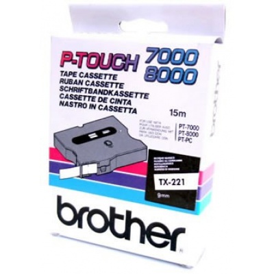 Brother TX-221, 9mm x 8m, black text / white tape, original tape