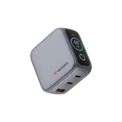 VERBATIM Mini GaN Charger with Display 65W, 2xUSB-C, 1xUSB-A, gray