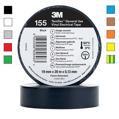 3M Temflex 155 Electrical Insulating Tape, thickness 0.13 mm, 19 mm x 20 m 19 mm x 20 m red/red