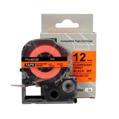 Epson SK12D, 12mm x 5m, black text / fluorescent orange tape, compatible tape