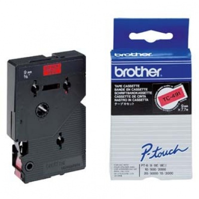 Brother TC-491, 9mm x 7,7m, black text / red tape, original tape