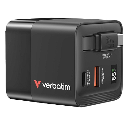 VERBATIM GaN Wall Charger, With Cable, USB-C, USB-A, Black