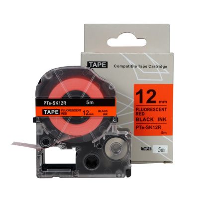 Epson SK12R, 12mm x 5m, black text / fluorescent red tape, compatible tape