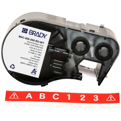 Brady M4C-750-595-RD-WT / 170829, 19.05 mm x 7.62 m, Vinyl, white text / red tape