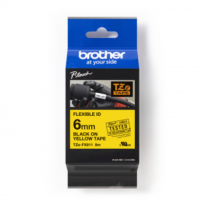 Brother TZ-FX611 / TZe-FX611 Pro Tape, 6mm x 8m, black text/yellow tape, original tape