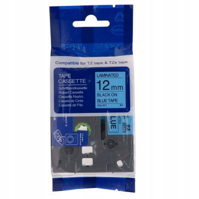 Broher TZe-R531 / TZ-R531, 12mm x 4m, black text / blue tape, textile ribbon, compatible tape