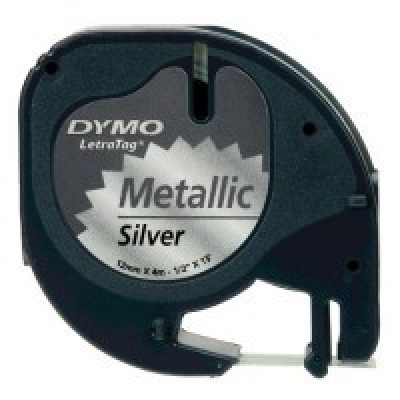 Dymo LetraTag 91208 S0721730 12mm x 4m black text/silver tape original tape metalic