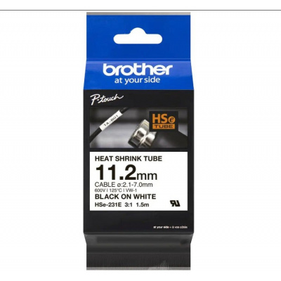 Brother HSe-231E Pro Tape, 11.2 mm x 1.5 m, black text / white tape , original tape