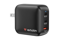 Verbatim 32230, Mini GaN mains charger 2 x USB-CR PD 100W a 1 x USB-A QC 3.0, grey, 100 W, interchangeable forks C,G,A