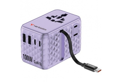 Verbatim 30193, Universal travel adaptor Charge ,n, Travel 2x USB-C, 2X USB-A + 1x integrated cable USB-C, purple, 100 W