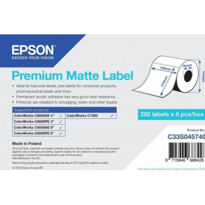 Epson C33S045740 Premium Matte, for ColorWorks, 105x210mm, 282pcs, white self-adhesive labels