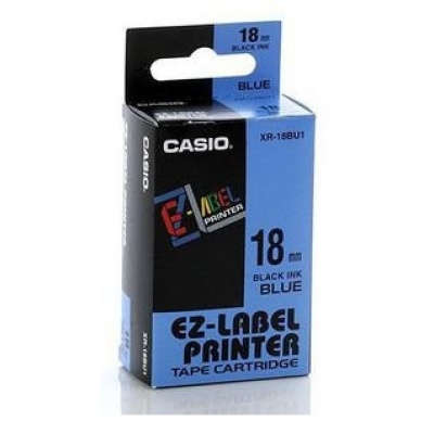 Casio XR-18BU1, 18mm x 8m, black text/blue tape, original tape