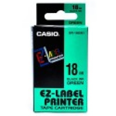 Casio XR-18GN1, 18mm x 8m, black text/green tape, original tape