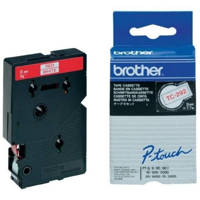 Brother TC-292, 9mm x 7,7m, red text / white tape, original tape