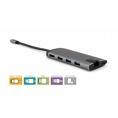 VERBATIM USB-C 7-in-1 Docking Station, 1xHDMI, 1xUSB-C, 3xUSB, 1xRJ45, SD card reader, grey