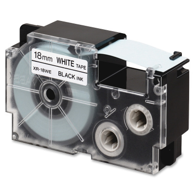 Casio R11WE (XR-18HSWE), 18mm x 2m, black text / white tape, shrinkable, compatible tape