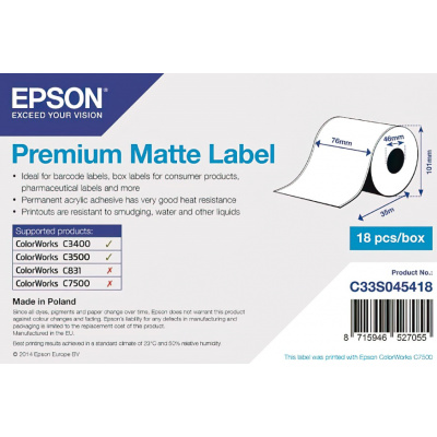 Epson C33S045418 Premium Matte, for ColorWorks, 76mmx35m, white self-adhesive labels
