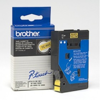 Brother TC-601, 12mm x 7,7m, black text / yellow tape, original tape