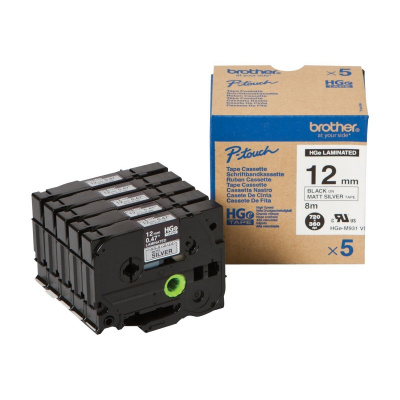 Brother HGE-M931V5, 12mm x 8m, black text / silver tape, original tape, 5pcs