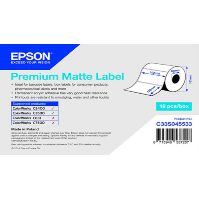 Epson C33S045533 Premium Matte, for ColorWorks, 102x152mm, 225pcs, white self-adhesive labels