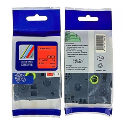 Brother HGe-431, 12mm x 8m, black text / red tape, high-speed compatible tape