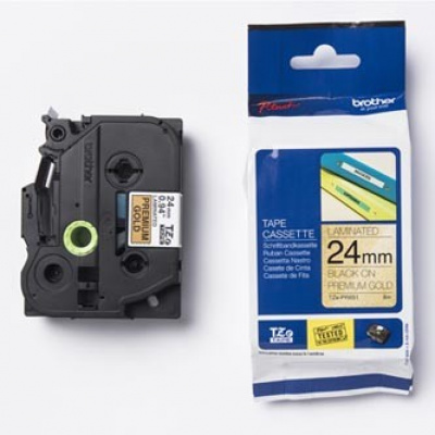 Brother TZ-PR851 / TZe-PR851, 24mm x 8m, black text / gold tape, original tape