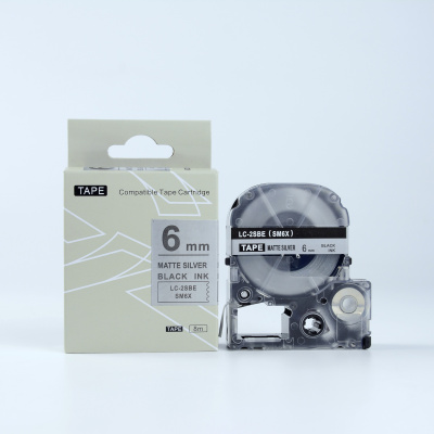 Epson LK-2SBE, SM6X, 6mm x 9m, black text / matte silver tape, compatible tape
