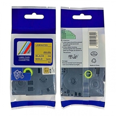 Brother HGe-861, 36mm x 8m, black text / gold tape, high-speed compatible tape