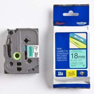 Brother TZ-741 / TZe-741, 18mm x 8m, black text / green tape, original tape