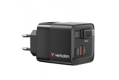 Verbatim GaN 32217, travel mains charger, USB 3.0, USB C, grey, 65 W, interchangeable forks C,G,A with integrated cable