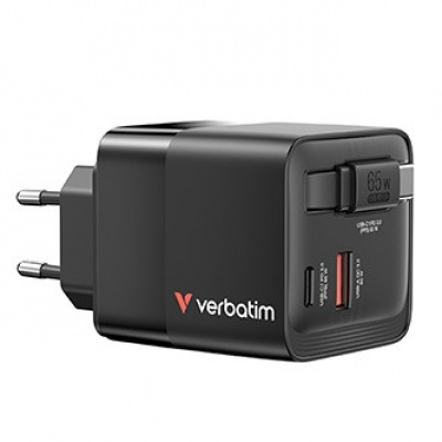 Verbatim GaN 32217, travel mains charger, USB 3.0, USB C, grey, 65 W, interchangeable forks C,G,A with integrated cable
