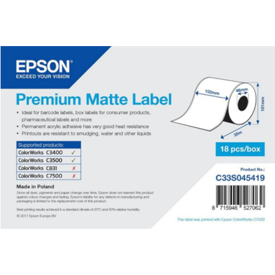 Epson C33S045419 Premium Matte, for ColorWorks, 102mmx35m, white self-adhesive labels