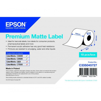 Epson C33S045727 Premium Matte, for ColorWorks, 105mmx35m, white self-adhesive labels