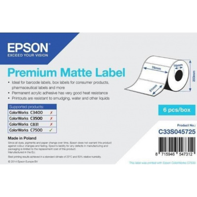 Epson C33S045725 Premium Matte, for ColorWorks, 76x51mm, 2310pcs, white self-adhesive labels