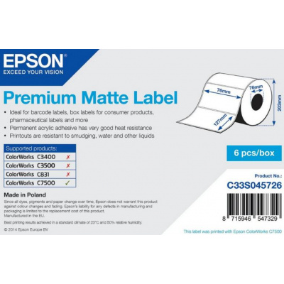 Epson C33S045726 Premium Matte, for ColorWorks, 76x127mm, 960pcs, white self-adhesive labels