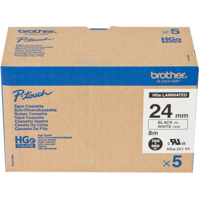 Brother HGe-251, 24mm x 8m, 5pcs, black text / white tape, original tape