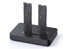 Dokovací stanice se dvěma disky: USB typu C M.2 NVMe (a SATA) SSD, černá.