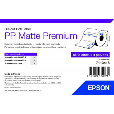 Epson 7113418 PP Matte, for ColorWorks, 102x76mm, 1570pcs, polypropylene, white self-adhesive labels