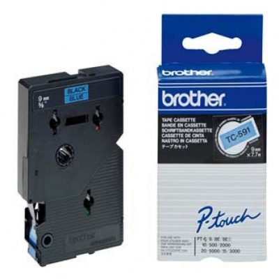 Brother TC-591, 9mm x 7,7m, black text / blue tape, original tape